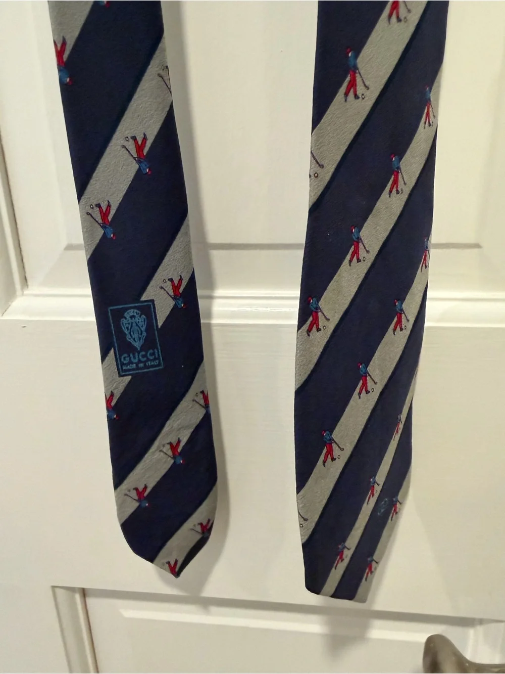 Vintage Gucci Navy Gray Striped Silk Tie featuring novelty Golf Motifs Necktie